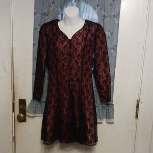 Chic Black and Red Lace Long Sleeve Dress